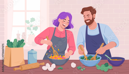 A joyful couple cooking together in a bright kitchen setting, combining ingredients and laughter to create delightful meals, symbolizing love and collaboration in cooking.