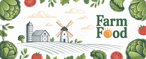 A delightful image depicting produce and a farm landscape featuring a barn and windmill. This design embodies the essence of wholesome living and natural beauty.