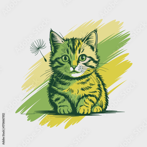 A cute ginger kitten sits contentedly against a vibrant green backdrop, exuding playful charm and evoking feelings of joy and warmth in home settings and cat lovers alike.