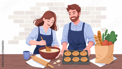 A heartwarming illustration of a couple baking bread together, symbolizing love and teamwork in the kitchen while creating delicious treats with a fun atmosphere.