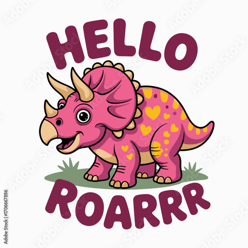 This delightful triceratops character is painted in cheerful pink with a heart pattern, exuding joy and curiosity, perfect for children's stories or educational materials.