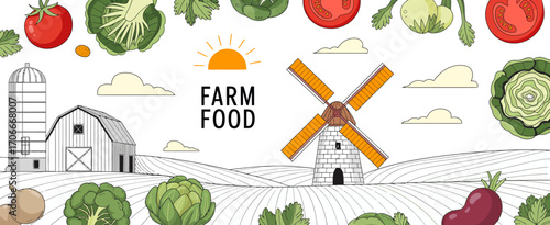 A vibrant illustration featuring a farm landscape, a windmill, and a variety of vegetables, symbolizing fresh food and agricultural abundance in a picturesque setting.