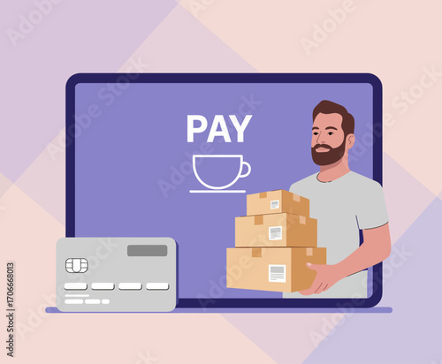 In this image, a man presents boxes near a digital payment display, highlighting the convenience and joy of modern shopping experiences in a vibrant setting.