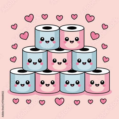 This cheerful image showcases happy toilet paper rolls, featuring cute faces and surrounded by hearts, creating an adorable and friendly atmosphere for various uses.