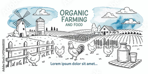 This charming illustration portrays a whimsical farm scene featuring a windmill, chickens, and fields, promoting the essence of organic farming and natural living.