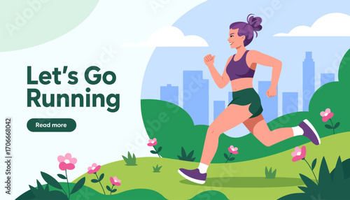 A vibrant illustration showcasing a woman jogging through a green park with a city skyline, promoting an active lifestyle and health awareness through fitness imagery.