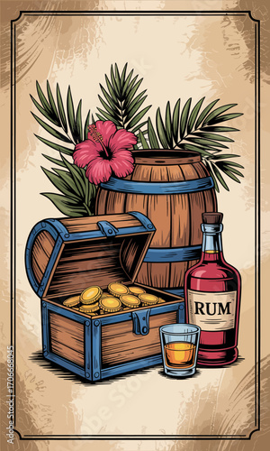 This vibrant illustration features a treasure chest overflowing with gold coins, a bottle of rum, and a rustic barrel, surrounded by tropical foliage and flowers.