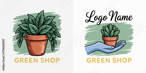 A vibrant logo that features a lush green plant in a terracotta pot alongside an artistic hand, representing a connection to nature and commitment to eco-friendly values in design.