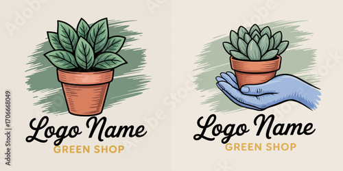 A creative logo showing a lush plant in a pot paired with a stylized hand, depicting themes of support, growth, and a love for nature in contemporary imagery.