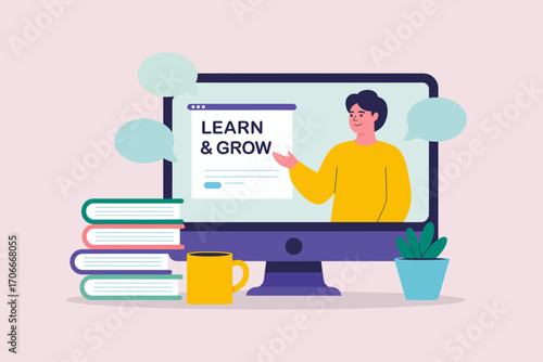 This illustration represents a growth journey in a learning context, featuring a presenter highlighting essential insights, perfect for educational media and platforms.