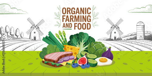This image showcases a vibrant selection of organic foods including vegetables, cheese, and bread, symbolizing healthy eating and sustainable farming practices.