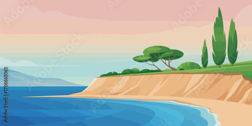 A stunning illustration of a coastal landscape with lush green trees and rolling hills meeting the ocean, evoking feelings of peace, nature, and serenity.