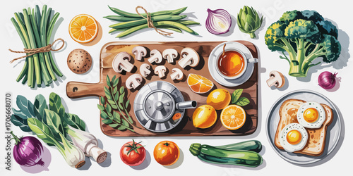 A beautifully arranged breakfast scene showcasing eggs, vegetables, and aromatic tea, highlighting the importance of fresh produce in daily meals for overall well-being.