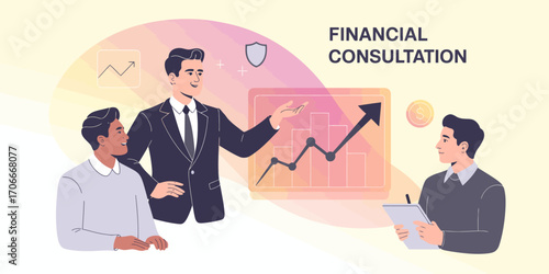 This image showcases a group financial consultation with a presenter illustrating growth graphs, while two listeners engage in a discussion about financial strategies and insights.