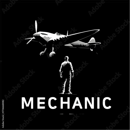 set of plane illustration logo isolated on black background, in color style, with mechanic text
