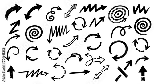 Collection of various hand-drawn arrow illustrations, showcasing diverse styles and directions for design elements.