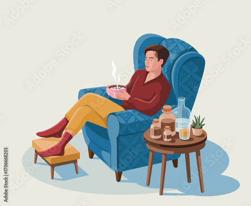 A man comfortably relaxes in a stylish armchair, savoring his snack, illustrating a moment of self-care and the joy of unwinding at home.