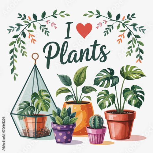 An artistic collection of various plants in charming pots surrounded by decorative elements, symbolizing love for nature and a passion for interior beautification.