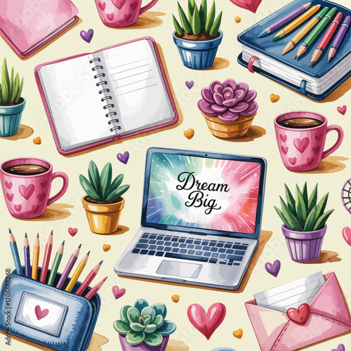 This vibrant composition features study essentials including a laptop, notebooks, mugs, and plants, all inspiring creativity and positivity in an organized workspace.