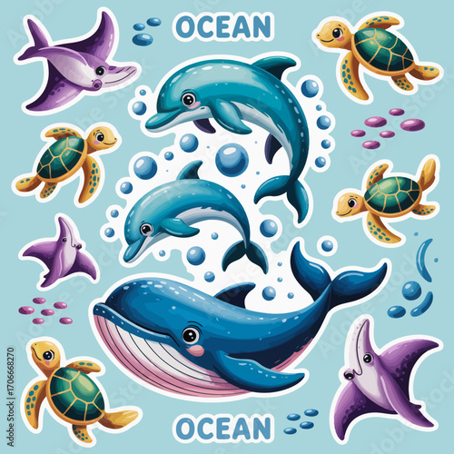 This vibrant illustration features playful dolphins, adorable turtles, and a majestic whale swimming through a whimsical underwater world filled with bubbles and joy.