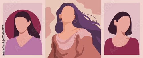 This image features three abstract portraits of women, each with unique hairstyles and expressions, showcasing individuality and elegance in a colorful artistic style.