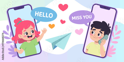 An engaging artwork showcasing two characters expressing love and missing each other through smartphones, highlighting the emotional aspect of long-distance communication.