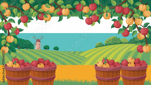 An enchanting scene of an apple orchard filled with ripe fruit, baskets collecting the harvest, and a charming windmill, reflecting the beauty of rural agriculture and nature's bounty.