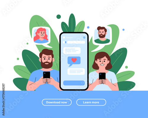 Illustrating a chat app interface, this design captures the essence of connection and communication between users through messaging, highlighted by vibrant colors and modern elements.
