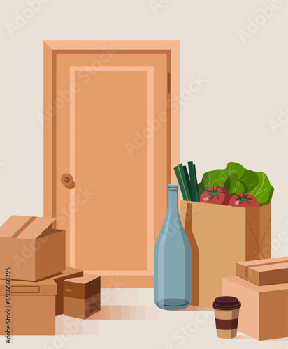 An inviting entrance adorned with a bag of fresh produce and a glass bottle, embodying the spirit of healthy living and the modern lifestyle of delivery services.