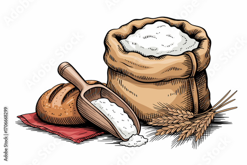 A beautifully crafted illustration of a bag of flour, bread, and wheat, showcasing the essential ingredients used in baking, inviting viewers to explore traditional culinary practices.