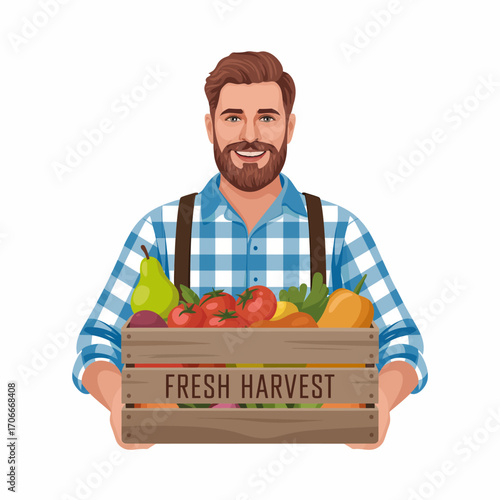 A cheerful farmer proudly displays a wooden crate filled with fresh harvest vegetables, emphasizing the importance of organic farming and healthy living for vibrant communities.