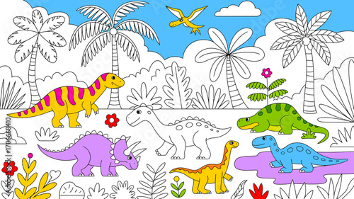 This engaging dinosaur coloring scene showcases various dinosaurs in a lively environment, perfect for sparking creativity in children during art activities.