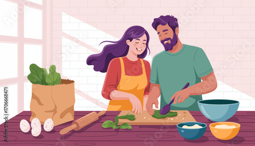 In this charming illustration, a couple is happily chopping vegetables in their cozy kitchen, depicting love, collaboration, and the joy of cooking delicious meals together.