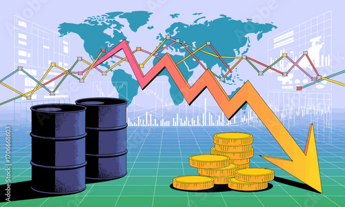 The artwork shows a market analysis with barrels and coins, representing the impact of declining oil prices on global finance, featuring graphs and a world map.