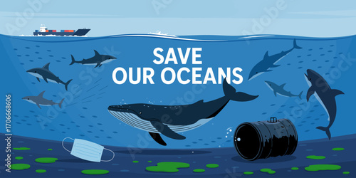 An engaging visual representation calling for ocean protection, depicting abundant marine life alongside harmful waste and articulating the need for awareness and action.