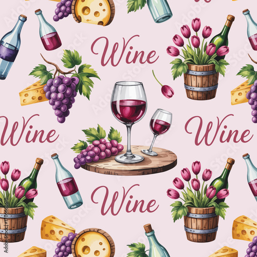 This playful pattern showcases wine bottles, cheese, and tulips, perfect for fabric, wallpaper, or décor that embodies a social and culinary lifestyle.