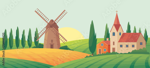 This colorful artwork presents a charming countryside scene with a windmill, church, and vibrant fields, evoking feelings of nostalgia and tranquility in a rural setting.