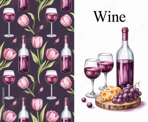 An artistic composition featuring wine bottles, glasses, and cheese, rich in color, showcasing an inviting atmosphere perfect for wine and cheese lovers.