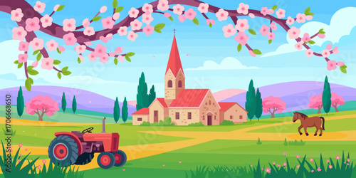 A quaint rural scene featuring a red tractor and a horse, with a picturesque church and blooming flowers, capturing the essence of pastoral life in a serene countryside.