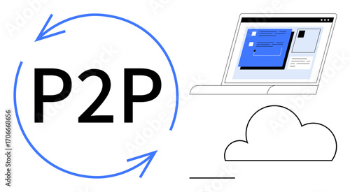 Circular P2P arrows, laptop displaying collaborative tools, stylized cloud design. Ideal for teamwork, technology, networking, digital storage, file sharing cloud computing connection. A simple
