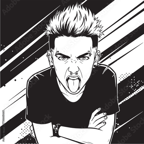 Black and White Illustration of an Edgy Young Person Sticking Tongue Out with Piercings and Spiky Hair