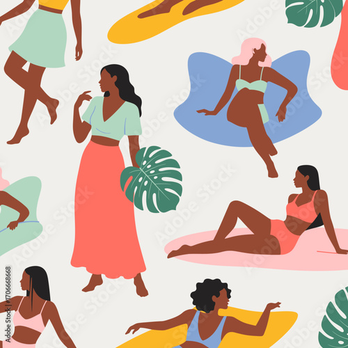A vibrant illustration showcasing stylish women enjoying leisure time in tropical settings, celebrating beauty, diversity, and relaxation in a lively summer ambiance.