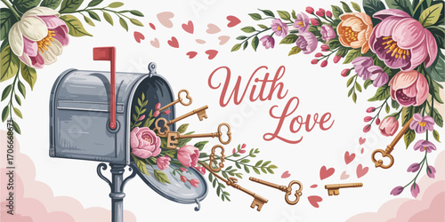 This whimsical illustration depicts a mailbox bursting with beautiful flowers and keys, symbolizing love letters and the joy of receiving heartfelt messages.