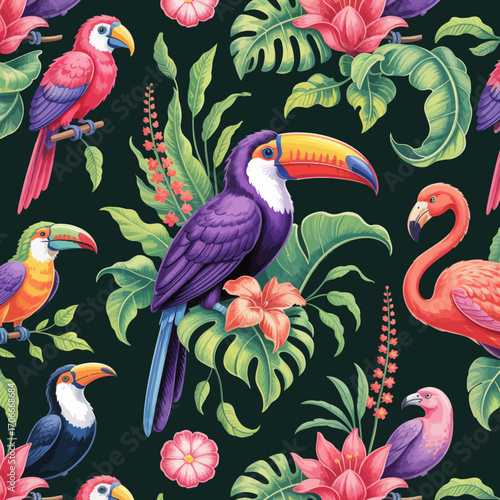 A stunning array of colorful birds among lush greenery and vibrant flowers, showcasing the beauty of nature and its abundant wildlife in an artistic representation.