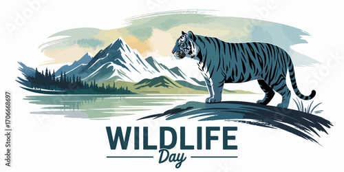 A stunning illustration of a majestic tiger set against a breathtaking mountain landscape, perfect for wildlife art and nature conservation themes.