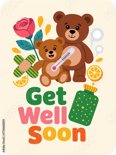 This cheerful design features two adorable teddy bears, a cozy vibe, and friendly elements like fruits and flowers, perfect for conveying warm get well soon messages.