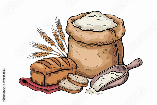 An inviting illustration presenting a collection of baking essentials, such as flour, bread, and wheat, with an emphasis on the artistry and richness of traditional culinary craftsmanship.