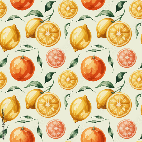 This vivid pattern features a blend of oranges and lemons, enhanced with green leaves, creating a fresh and inviting atmosphere perfect for commercial and artistic uses.