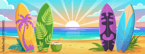 A stunning collection of bright surfboards standing tall against a serene background of ocean waves and a blue sky, highlighting the joy of summer and surfing adventures.