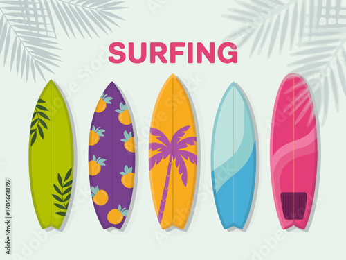 An exciting collection of vibrant surfboards decorated with creative tropical patterns, representing the essence of beach life, fun, and adventurous spirit of summer.